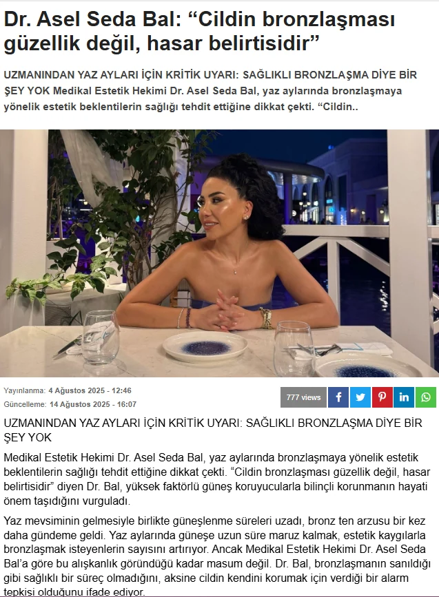 Dr. Asel Seda Bal: “Cildin bronzlaşması güzellik değil, hasar belirtisidir” başlıklı basın içeriği görseli